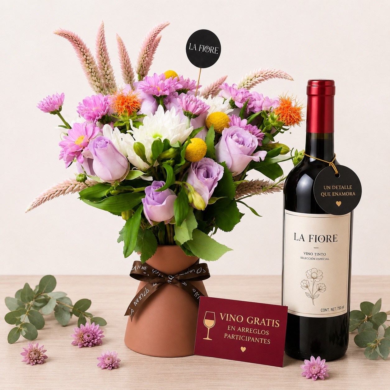 Arreglo en florero con vino gratis