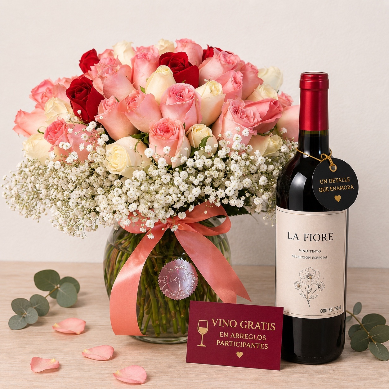 Rosas pastel con vino gratis