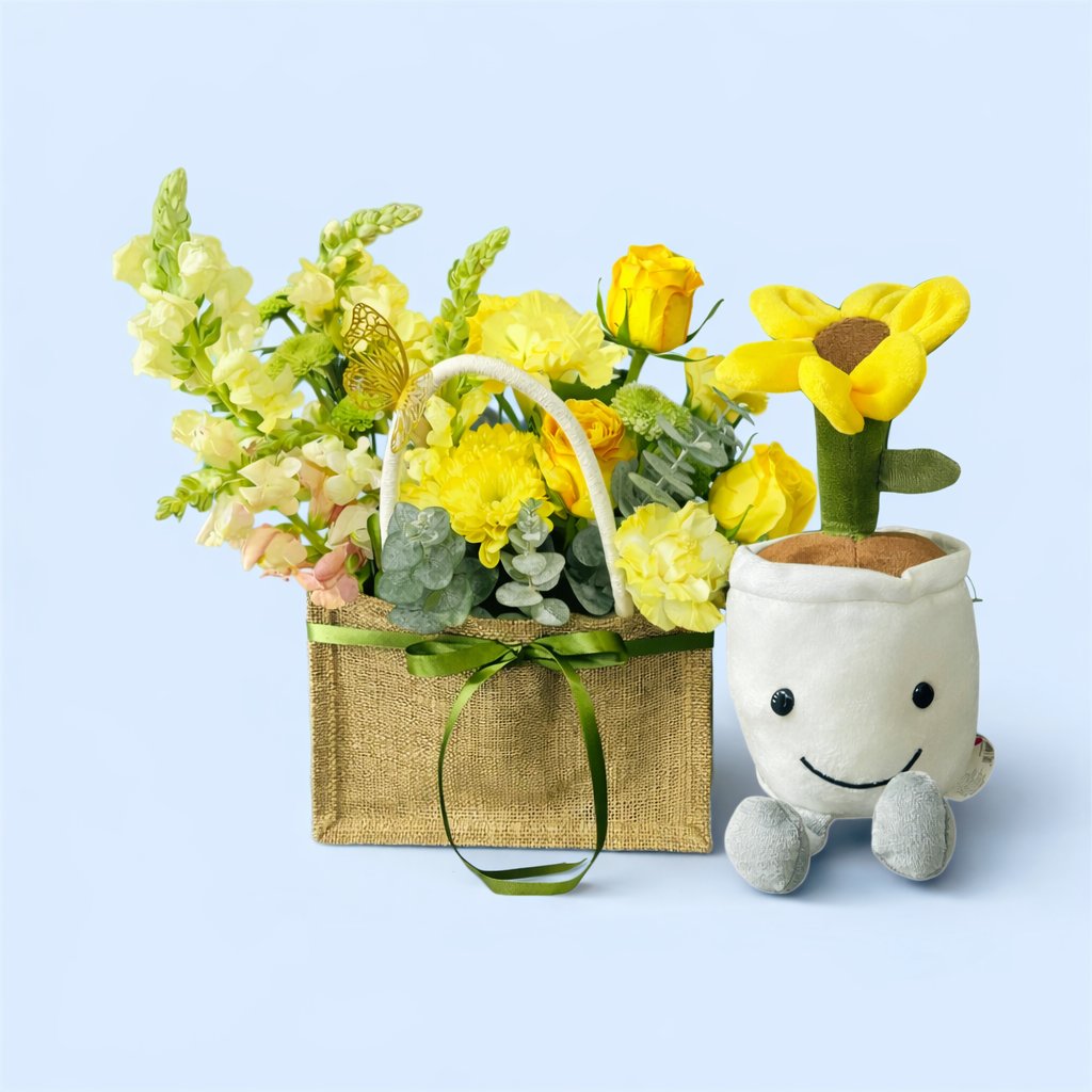 Combo floral dulces momentos + peluche girasol